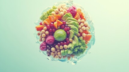 Creative vibrant buddha bowl bursting with fresh superfoods against serene backdrop