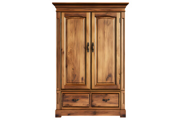 Rustic Wooden Wardrobe Isolated on Transparent Background. Classic Solid Wood with Double Doors and Storage Drawers for Bedroom or Living Room