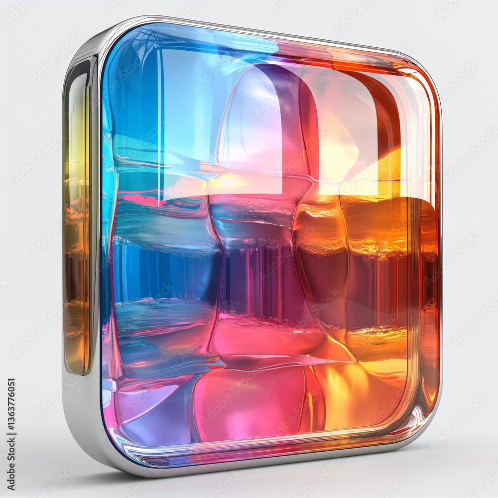 Poster a vibrant, multicolored abstract shape reflecting light and color interplay, creating a modern and a