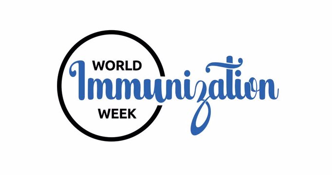 World Immunization Day text animation on white background with alpha channel. Handwritten calligraphy text. Great for events and health promotion about immunization. Transparent background.