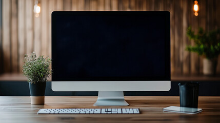 Modern Workspace with Desktop Computer Monitor, Clean and Minimalist Office Setup, Banner with Space for Text