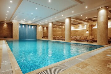 Obraz premium An indoor swimming pool with waterfall and deck chairs