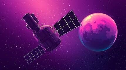 Satellite Orbiting a Colorful Planet in Space, A satellite orbiting a colorful planet with a distant celestial body in the background