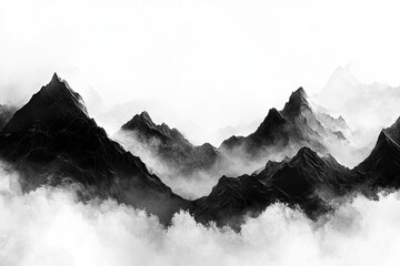 Dramatic Black and White Mountain Range Dramatic Peaks Misty Cloudscape Serene Nature Scene Peaceful Landscape Breathtaking View Artistic Digital Painting Monochrome Art Graphic Design Element High   