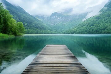 Serene Mountain Lake Wooden Dock Tranquil Nature Scene Peaceful Summer Landscape Breathtaking View Picturesque Scenery Majestic Mountains Green Lush Foliage Calm Water Reflection Serenity Escape      