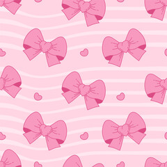 Vintage seamless pattern Coquette Pink Bow Ribbon on Groovy Distorted Stripe Background with heart. Romantic Pink Girly Vibe. Trendy aesthetic patterned backdrop template. Vector illustration