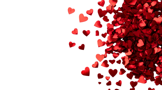 Red hearts scatter on black backdrop for romantic themes, cut out transparent - Powered by Adobe