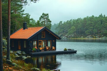 Fototapeta premium Secluded Lakeside Cabin Getaway: Tranquility Embodied