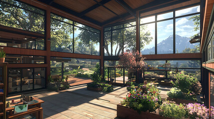 Fototapeta premium Light Filled Greenhouse Interior With Large Windows Showcasing Lush Green Plants And Surrounding Natural Landscape Scenery
