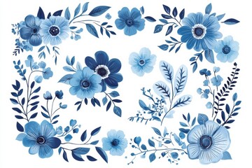 Floral print vector vintage illustration featuring blue flowers and leaves for background or decorative use in invitations and designs