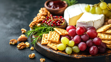 A vibrant cheese platter featuring assorted cheeses, fresh grapes, nuts, and crackers, perfect for gatherings or picnics.