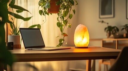 Cozy workspace with Himalayan salt lamp