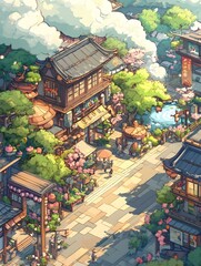 Fototapeta premium Enchanting Asian Inspired Town Scene with Lively Market Stalls and Traditional Architecture