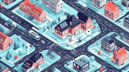 Icy Isometric Cityscape with Snowy Roads and Colorful Buildings