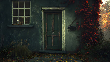 Fototapeta premium A deserted house from the 1940s. It’s dark green with a terracotta, in Glenmont. the front door is wide-open, swaying ominously in the autumn wind