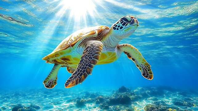 Sea Turtle Swimming Underwater in Clear Ocean, A sea turtle swimming underwater in clear blue ocean waters, surrounded by rocks and coral