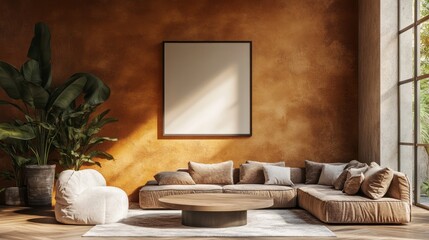 Warm interior space features textured wall and comfortable furniture