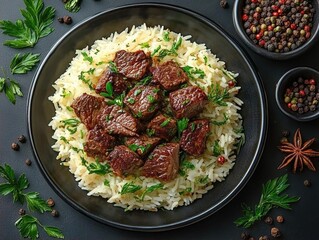 Delicious plate of seasoned beef served over fluffy rice with herbs and spices in the background