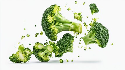 falling broccoli isolated on white.
