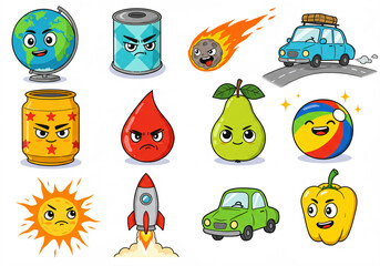 Fototapeta premium Cartoon emojis including a globe, can, meteor, car, jar, teardrop, pear, beach ball, sun, rocket, green car, and yellow bell pepper, each with expressive faces.
