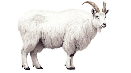 Mountain goat with majestic horns, long fur, cut out transparent