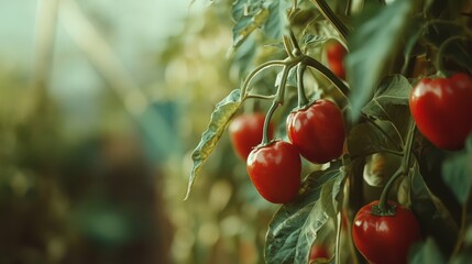 Ripe red tomatoes growing on vine in greenhouse