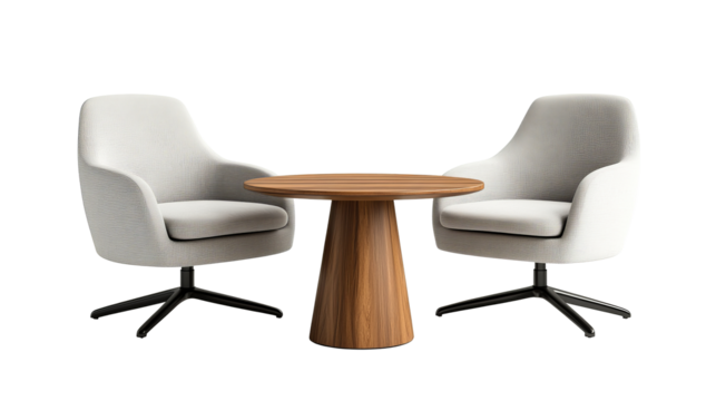 Stylish modern chairs with wooden table on transparent background