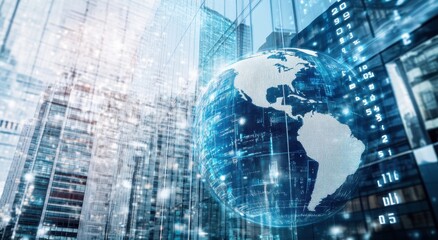 Obraz premium A double exposure of the world globe and modern glass buildings, symbolizing global business activity and connectivity background is an abstract representation of digital data flow Generative AI