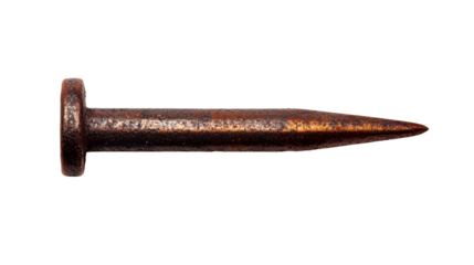 Old, rusty nail with a large head, isolated against black, cut out transparent