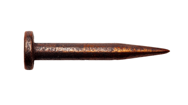 Old, rusty nail with a large head, isolated against black, cut out transparent