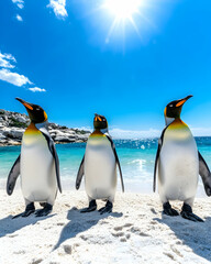 Obraz premium Three king penguins stand on a sunny beach