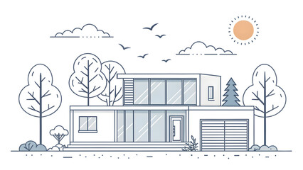 modern house outline architectural sketch drawing with trees, birds and sun on white