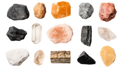 Collection of diverse mineral specimens on black background, cut out transparent