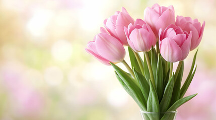 Close Up Of Pink Tulips Bouquet In Vase Against Soft Blurred Pastel Background With Light