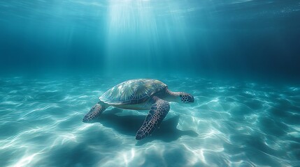 Fototapeta premium Sea Turtle Swimming Underwater in Clear Ocean, A sea turtle swimming underwater in clear blue ocean waters, surrounded by rocks and coral
