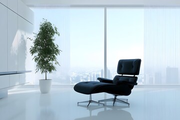 Elegant Modern Lounge Chair in Minimalist Living Room with Cityscape View