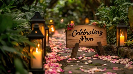 An outdoor garden path lined with glowing lanterns and petals leading to a hand-painted wooden sign that reads "Celebrating Mom"