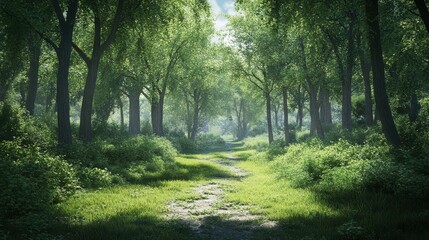 Obraz premium realistics ravine is filled with thriving green trees, their vibrant leaves, deep shade, and a feeling of sanctuary and abundance in woodland.