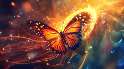 Butterfly emergence in radiant glow, a vivid transformation scene depicting a butterfly breaking free from a cocoon of shimmering light. Radiant Cocoon. Illustration