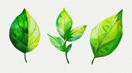 Bright and vibrant watercolor green leaves create a fresh and lively touch to any space, perfect for nature lovers.