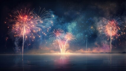 A vibrant display of multicolored fireworks bursts over a tranquil lake at night,