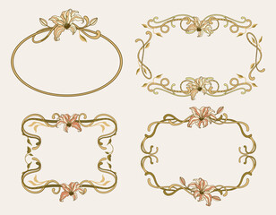 Art Nouveau Frame Banner Set Vintage Lily Flower Label Boho Baroque Style And Antique Folk Motif
