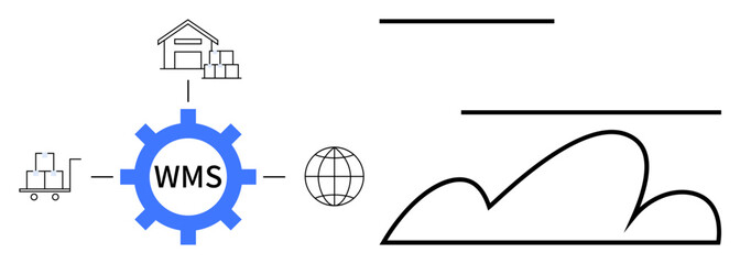 Warehouse with packages, gear labeled WMS, trolley, globe, and cloud. Ideal for logistics, automation, inventory networking software cloud migration e-commerce. Flat simple metaphor