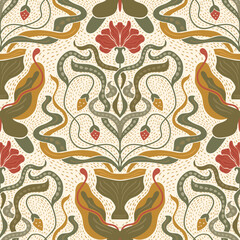 Art Nouveau Vintage Pattern Floral Vase Butterfly Seamless Motif Antique Boho Baroque Background