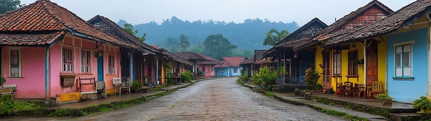 Colorful Village Street in Mountains
