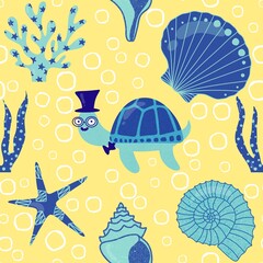 Ocean summer animals seamless turtles pattern for wrapping paper and fabrics and linens and kids clothes