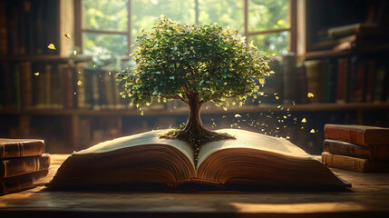 A whimsical scene perfect for World Philosophy Day, featuring a tree of knowledge emerging from a book in a magical library setting, ideal for educational or editorial use.