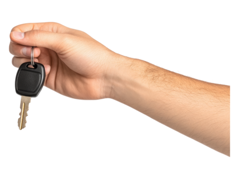 Hand Holding a Car Key Against a White Background