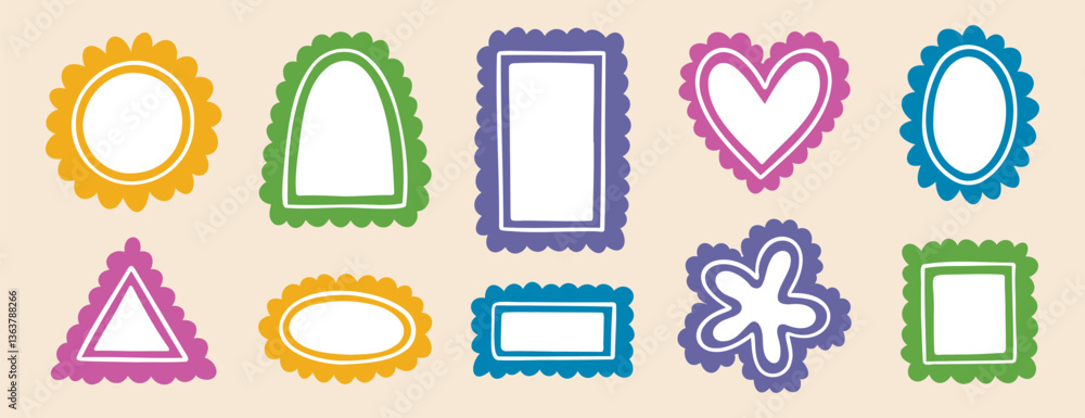 Poster borders empty frames template cute wavy line doodle set. round shape, heart square rectangle arch tr