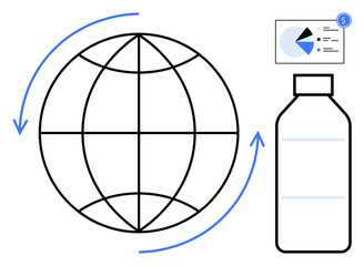 Globe with recycling arrows, financial chart, and bottle symbolize sustainability, economics, and global impact. Ideal for environment, recycling, global trade, business finance sustainability